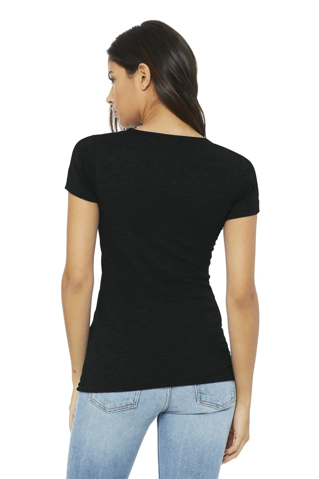 A woman wearing a black short sleeve t-shirt, photographed from the back, paired with blue jeans. The shirt features a logo.