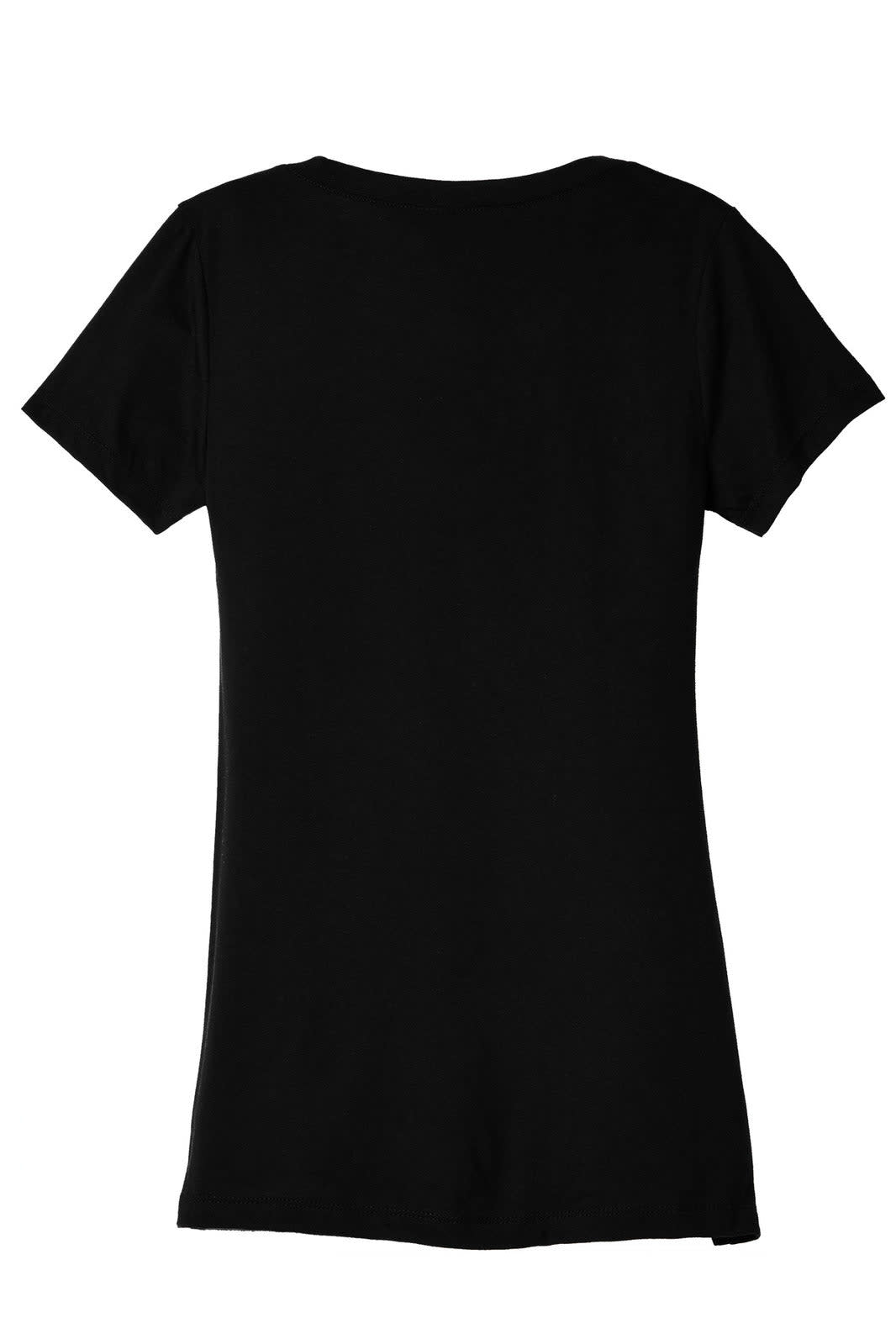 A black women's short sleeve tee featuring a sleek, simple design and a logo on the back.