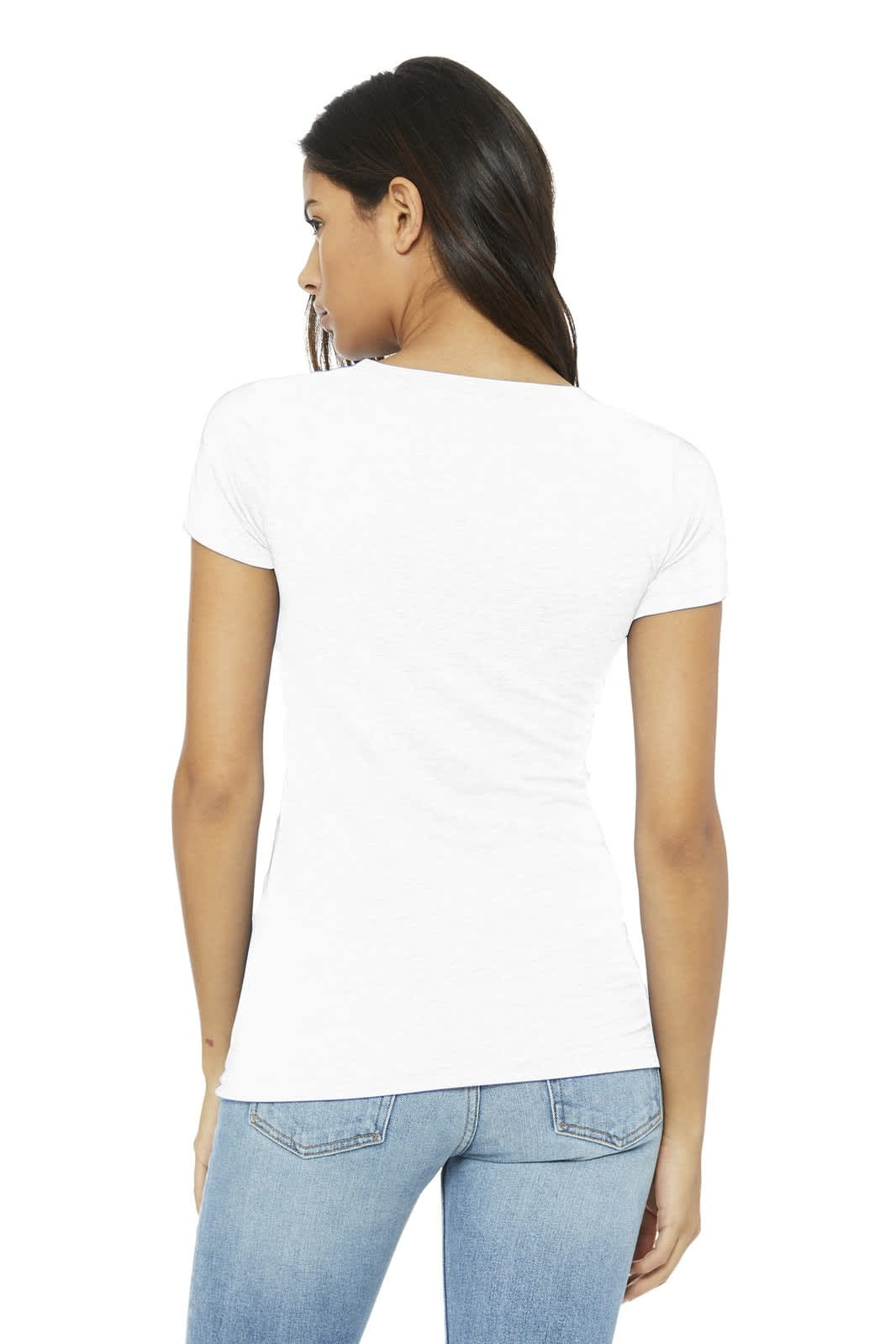 A woman wearing a white short sleeve tee with a fitted design, viewed from the back. The tee has a logo.