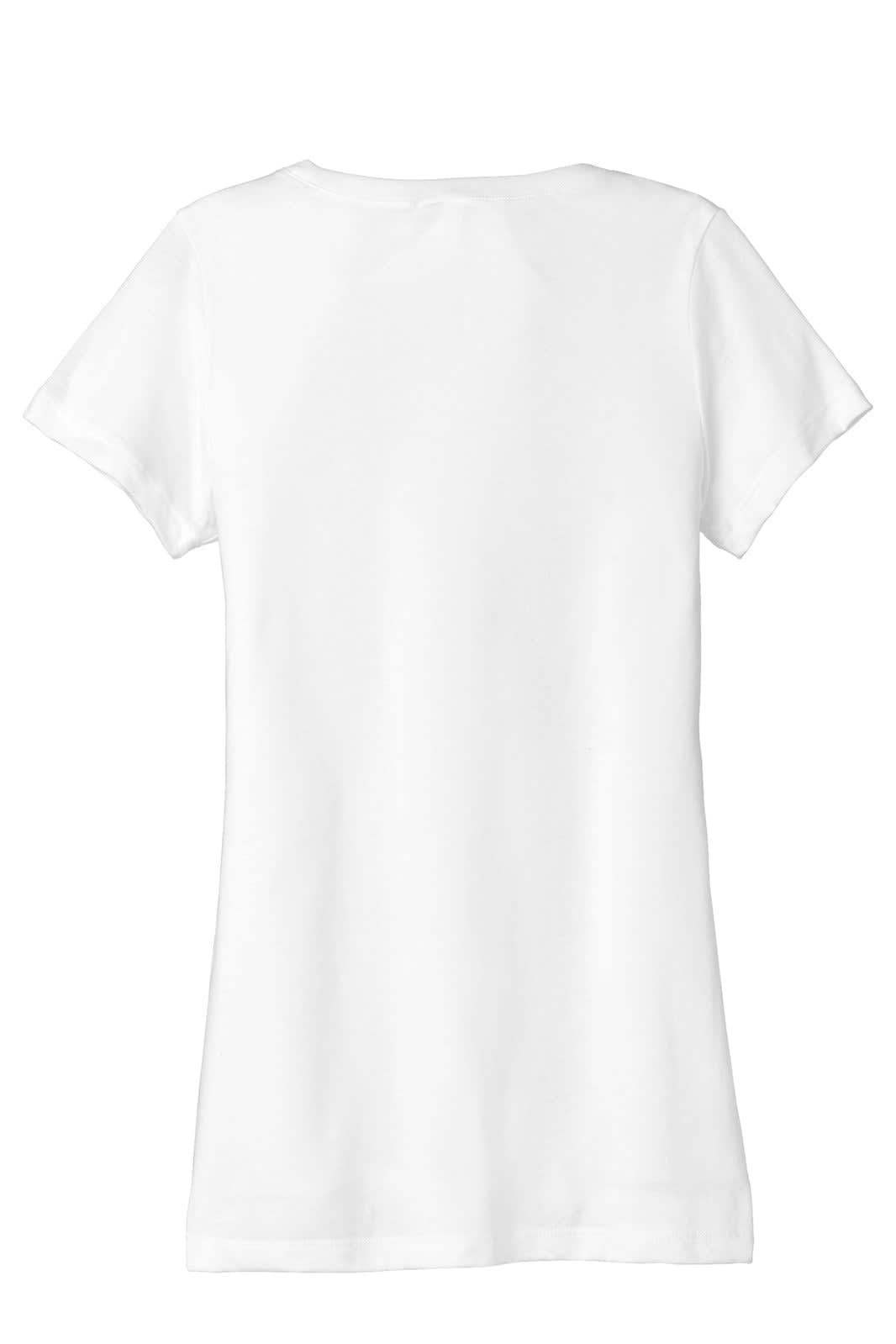 A white women's short sleeve tee, featuring a simple design and a logo on the back.