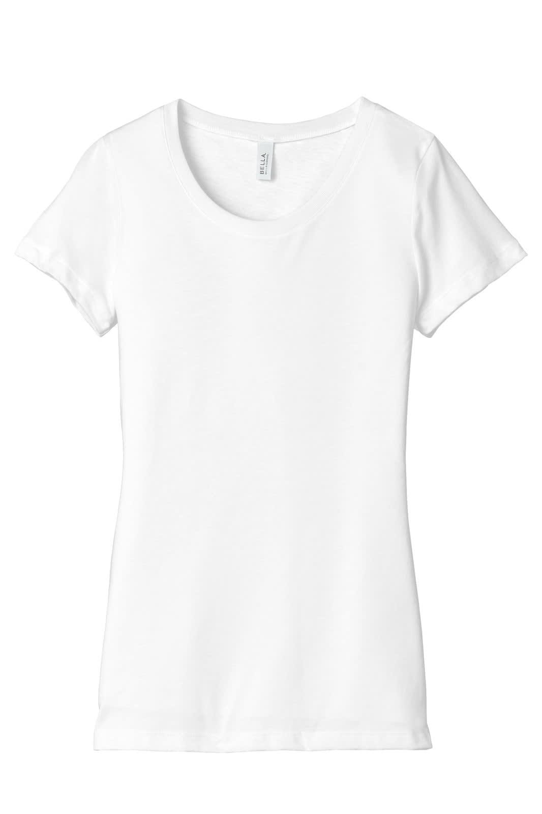 A white women's short sleeve tee with a scoop neckline, featuring a logo on the label.