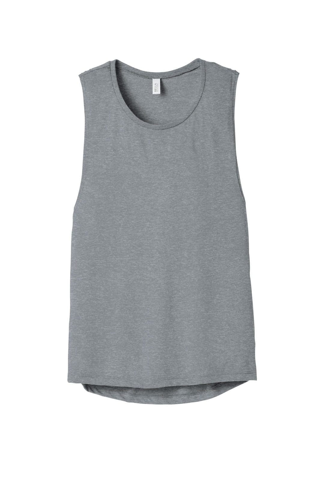 A grey women's flowy scoop muscle tank top with a rounded hem and a label.