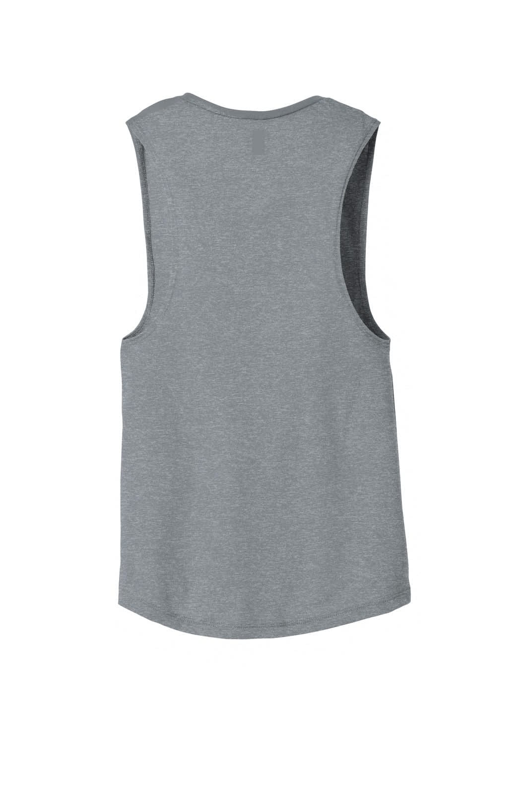 A grey women's flowy scoop muscle tank with a relaxed fit and sleeveless design. It features a branding logo.