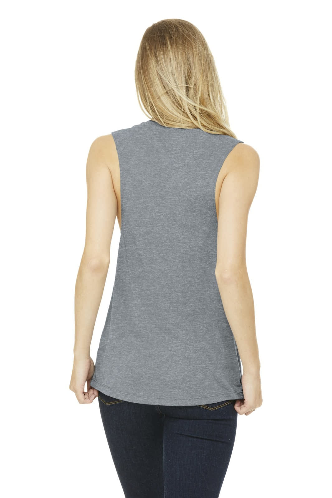 A women's grey flowy scoop muscle tank top with a back view, featuring a smooth silhouette.