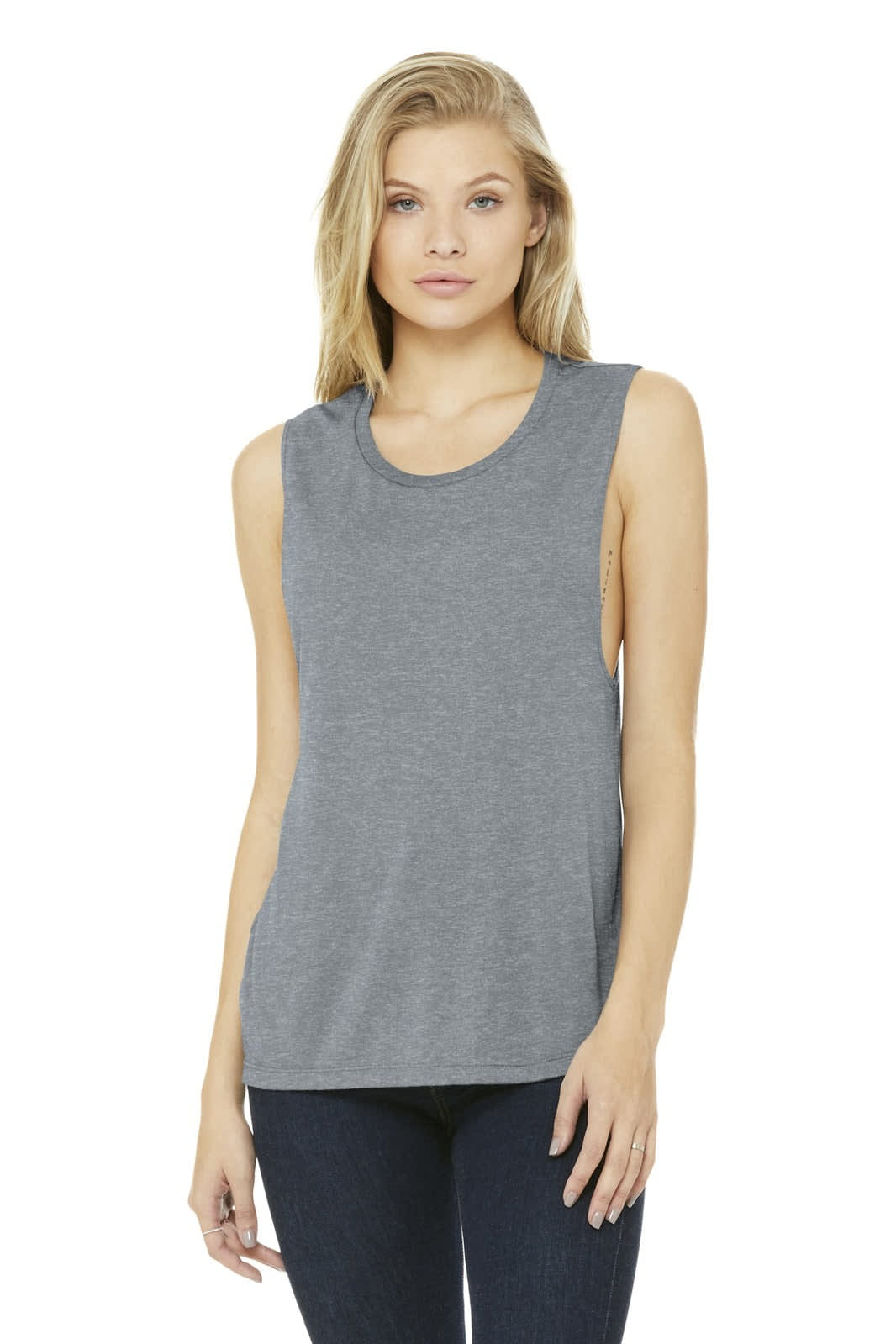 A women's grey flowy scoop muscle tank top, featuring a relaxed fit and sleeveless design. Includes branding.