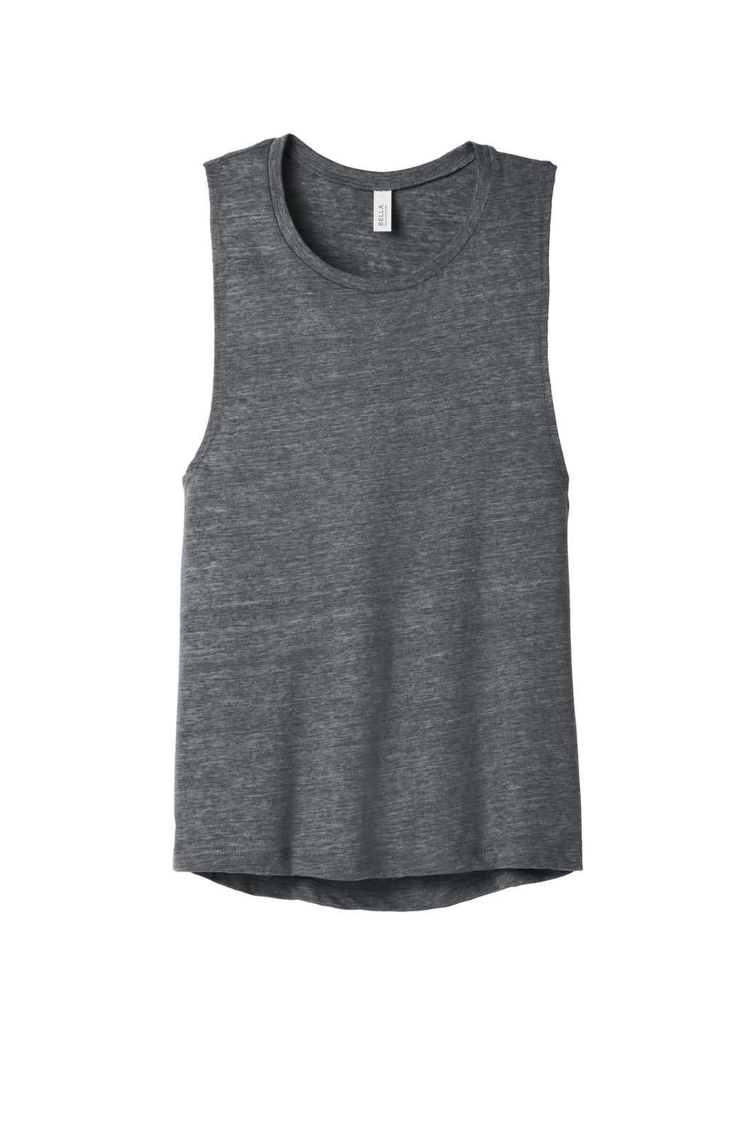 A grey women's flowy scoop muscle tank with a rounded hem and a brand logo on the label.