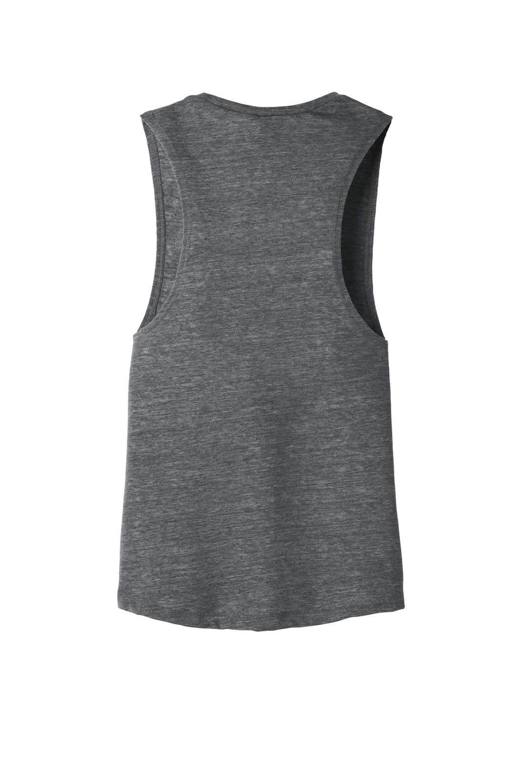 A grey women's flowy scoop muscle tank with a relaxed fit and a rounded hem, featuring a logo.