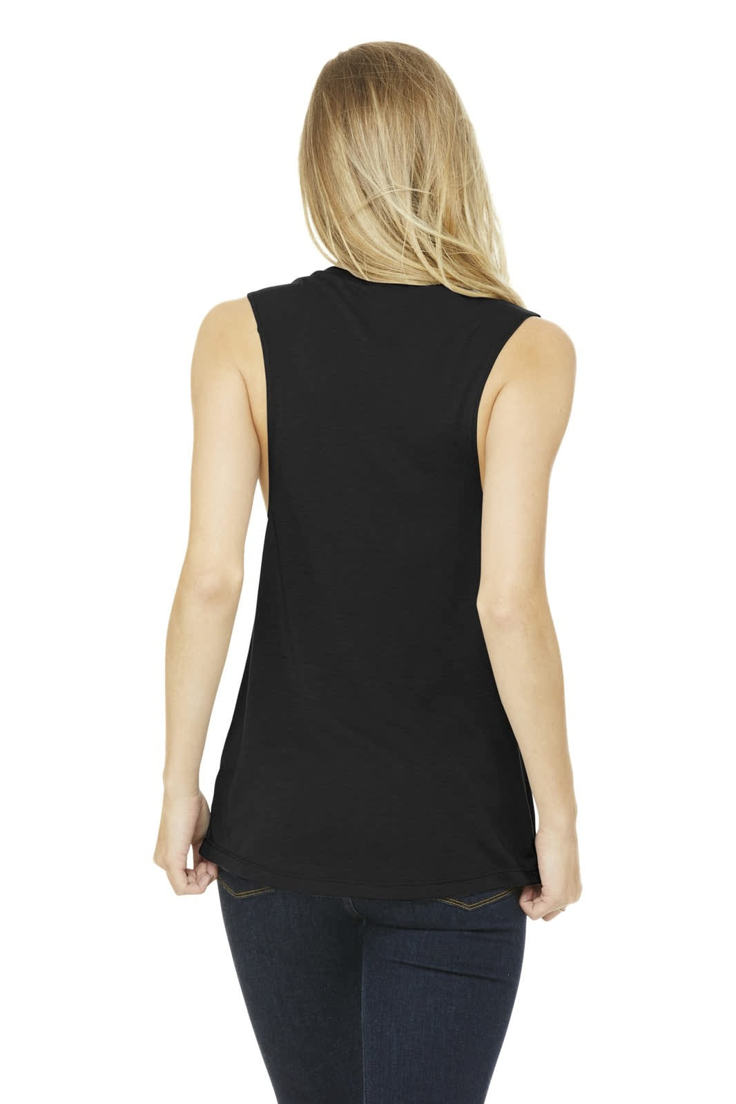 A black women's flowy scoop muscle tank top with a loose fit and rounded hem, featuring a simple design.