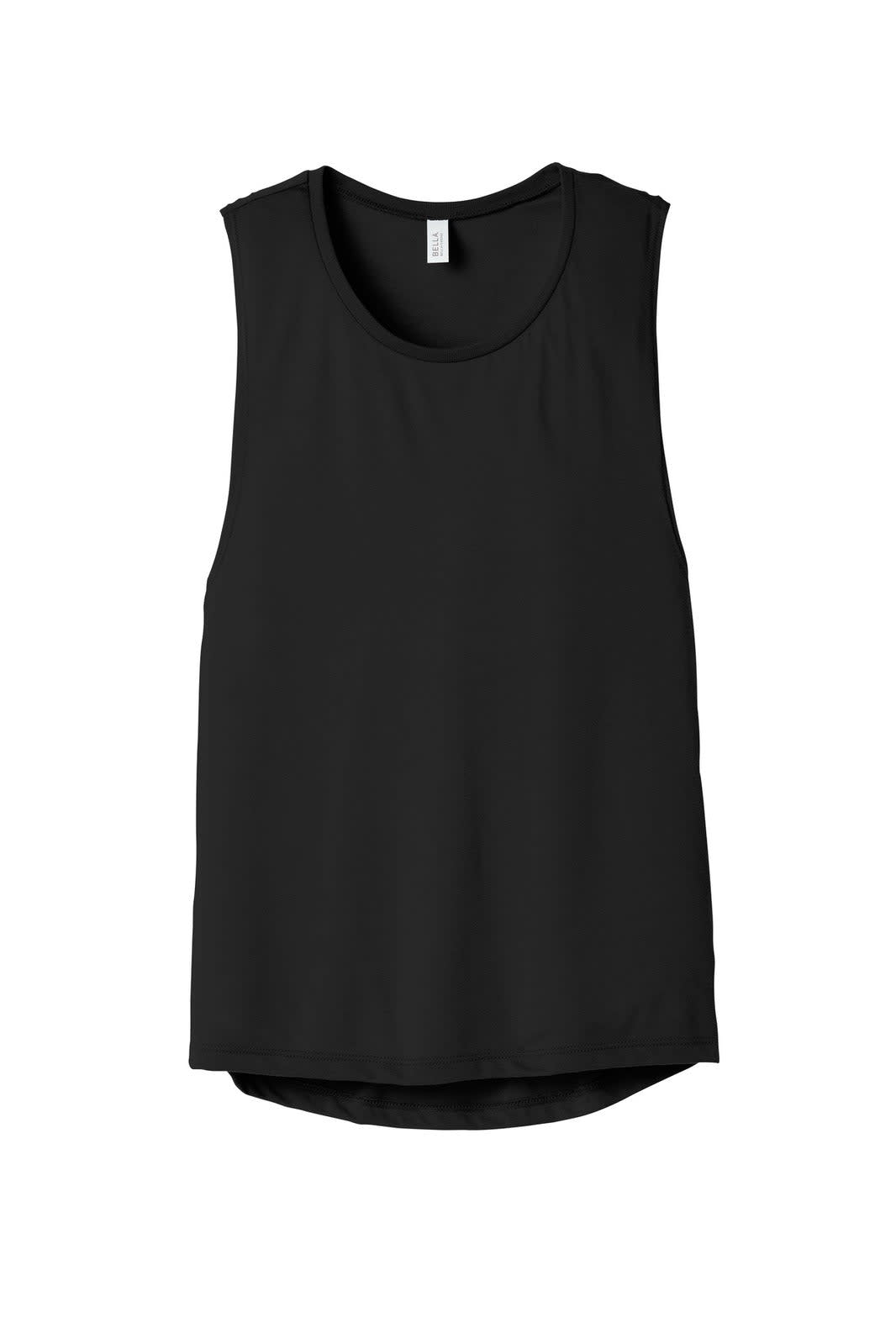 A black women's flowy scoop muscle tank top with a subtle logo on the label.