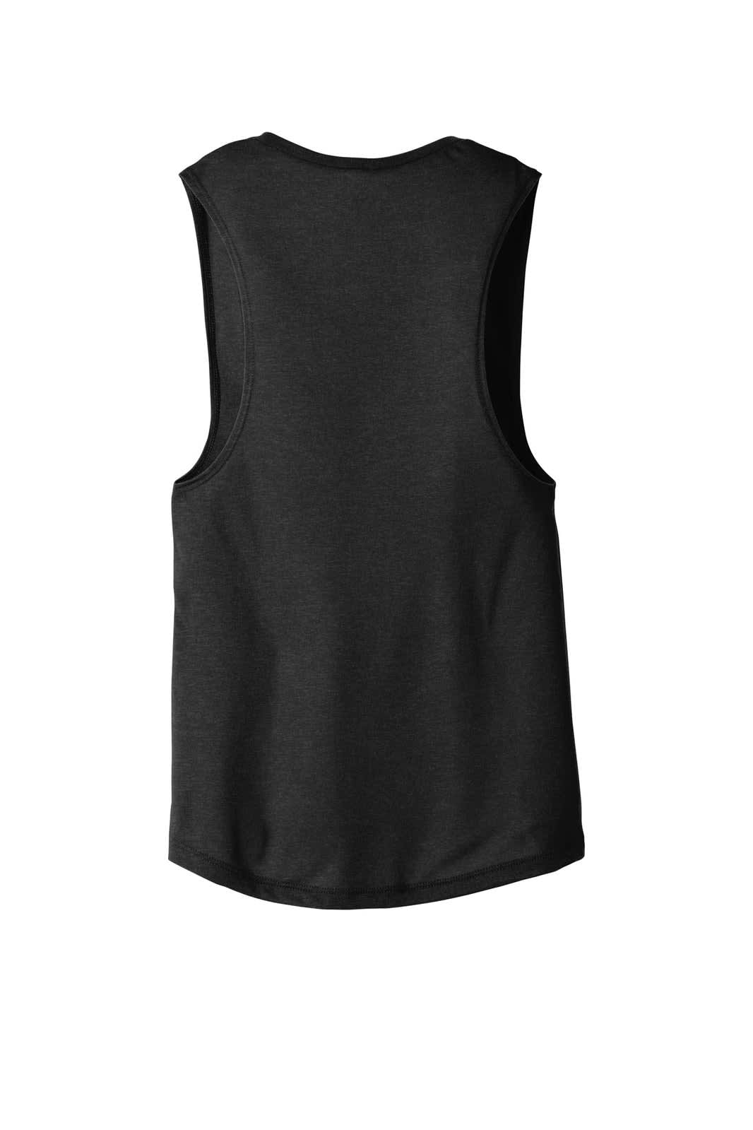 A black women's flowy scoop muscle tank featuring a sleeveless design and a smooth back. It has a logo on the label.