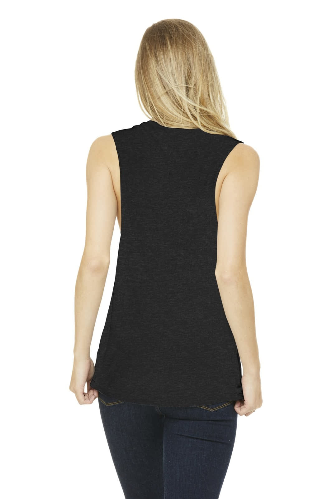 A black women's flowy scoop muscle tank top, featuring a sleeveless design and a relaxed fit.