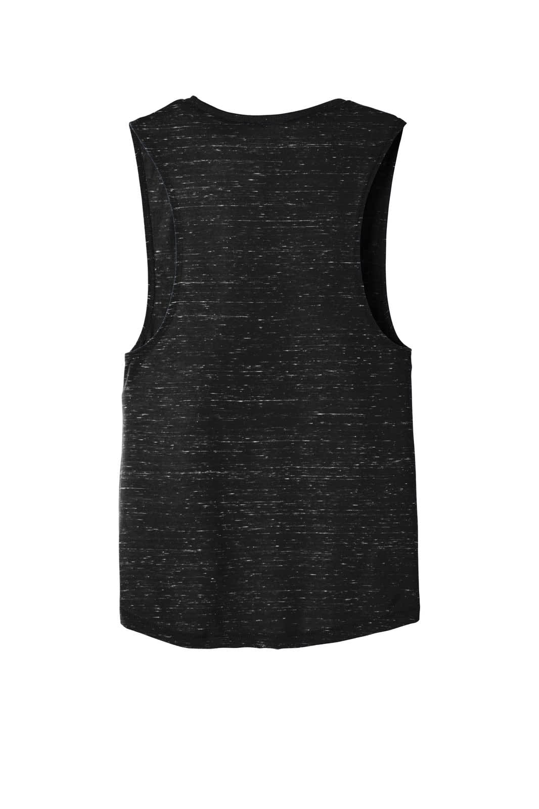 A black women's flowy scoop muscle tank top with a back view, featuring a logo on the back.