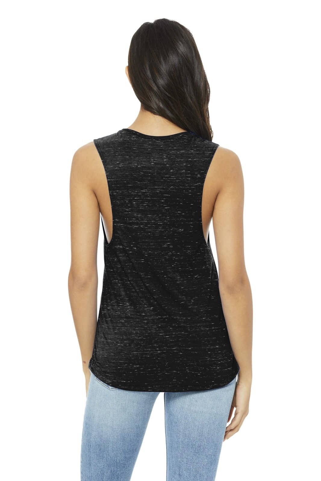A black women's flowy scoop muscle tank with an open back design, paired with light blue jeans.