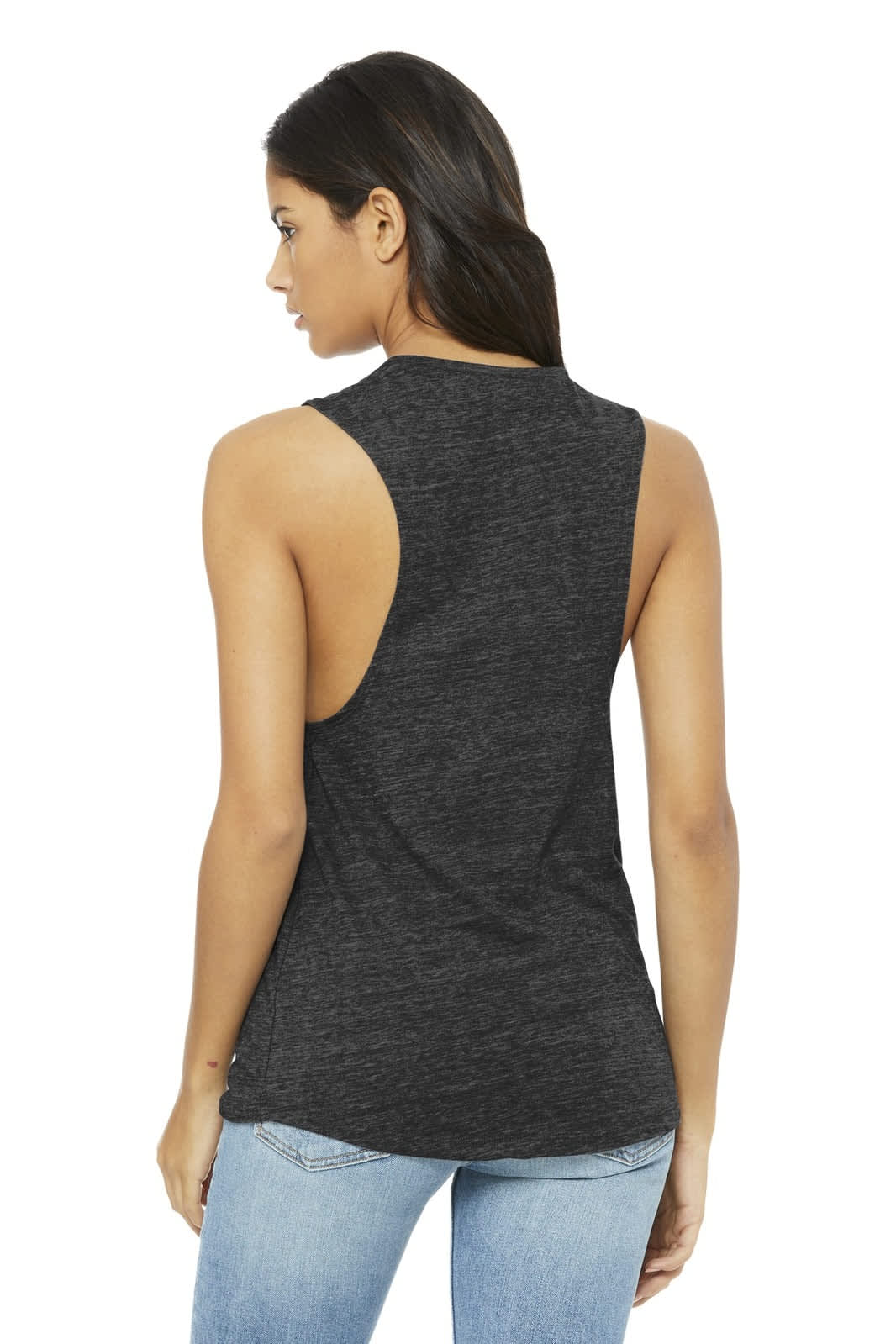 A women's flowy scoop muscle tank in a dark heather colour, featuring an open back design.