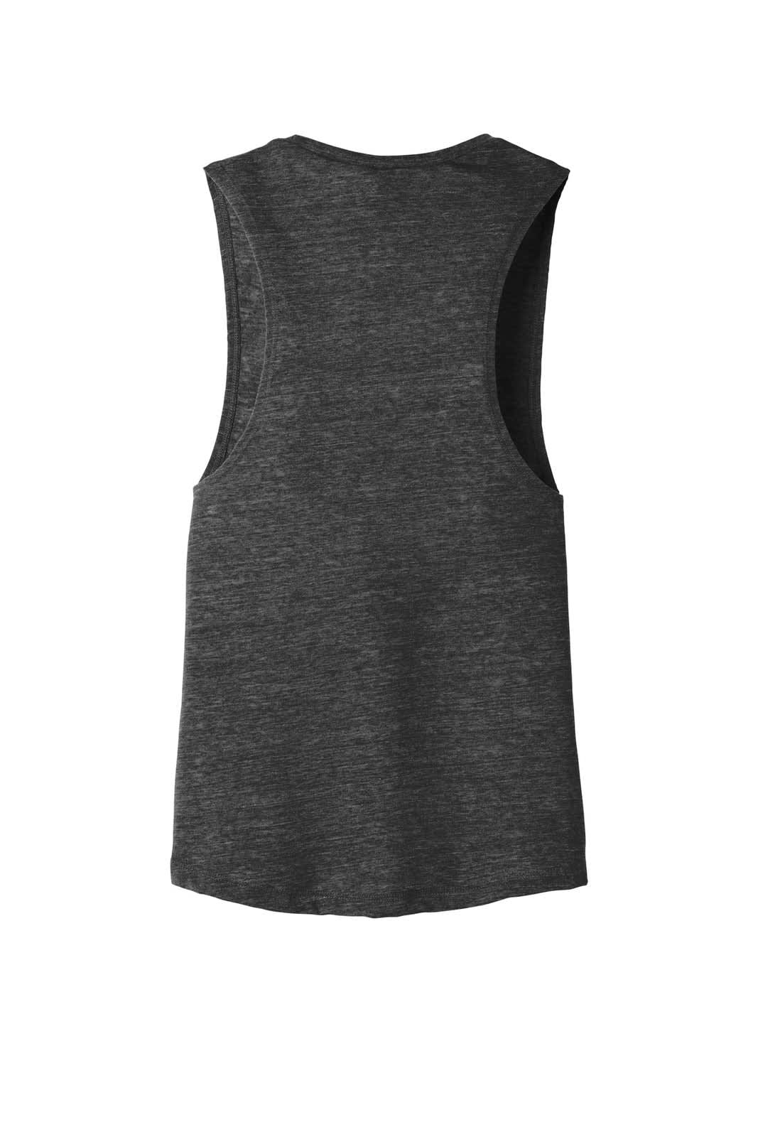 A women's flowy scoop muscle tank in dark grey featuring a sleeveless design and a curved hem.