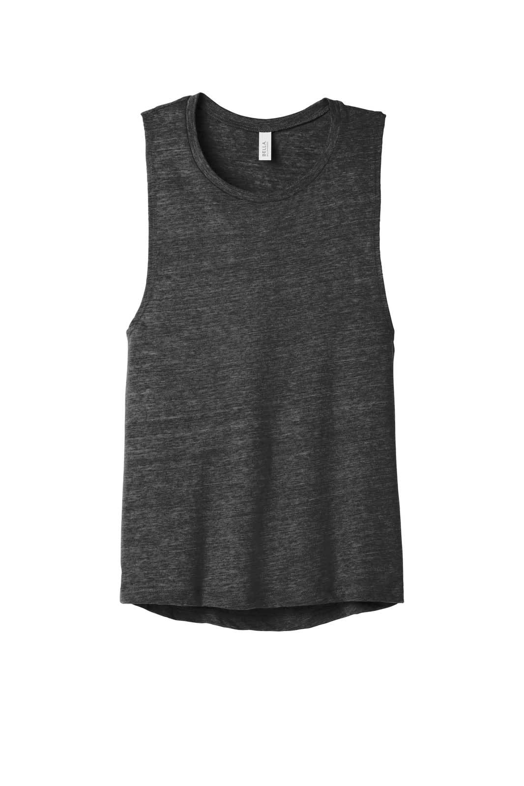A dark grey women's flowy scoop muscle tank top with a rounded hem and sleeveless design, featuring a logo label.