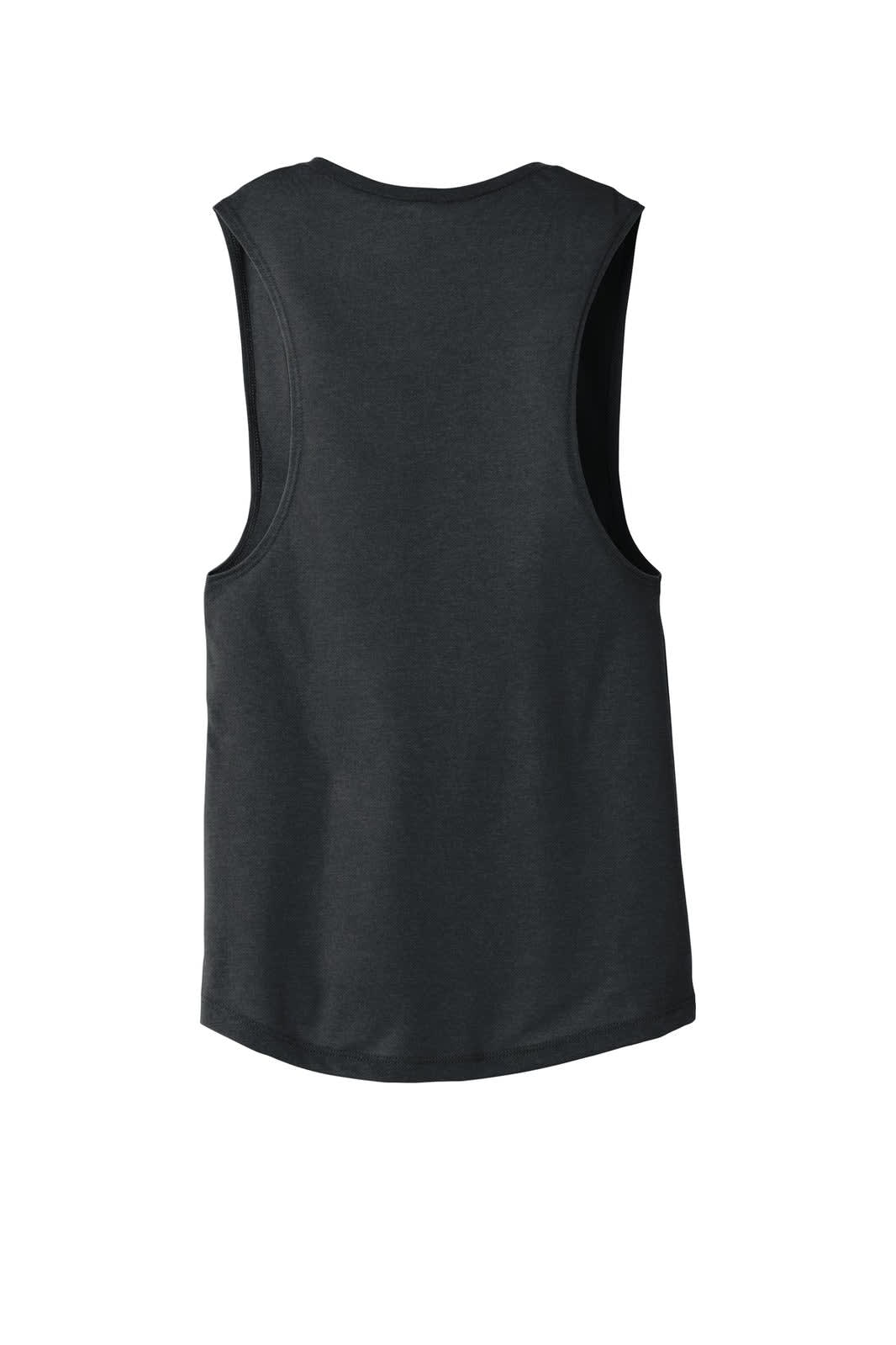 A dark grey women's flowy scoop muscle tank top featuring a relaxed fit and a logo on the back.