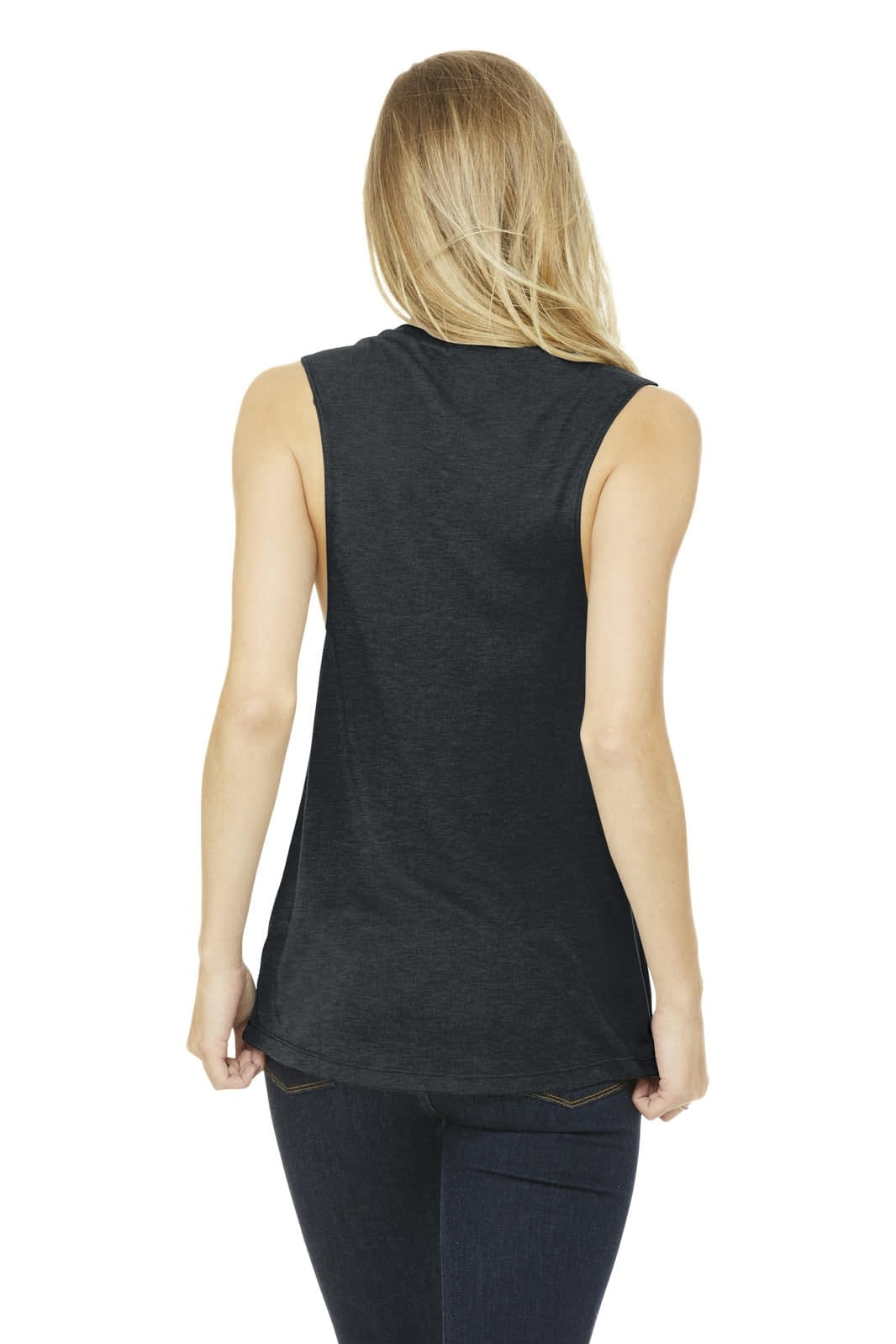 A black women's flowy scoop muscle tank featuring a sleeveless design and a relaxed fit, with a logo on the back.