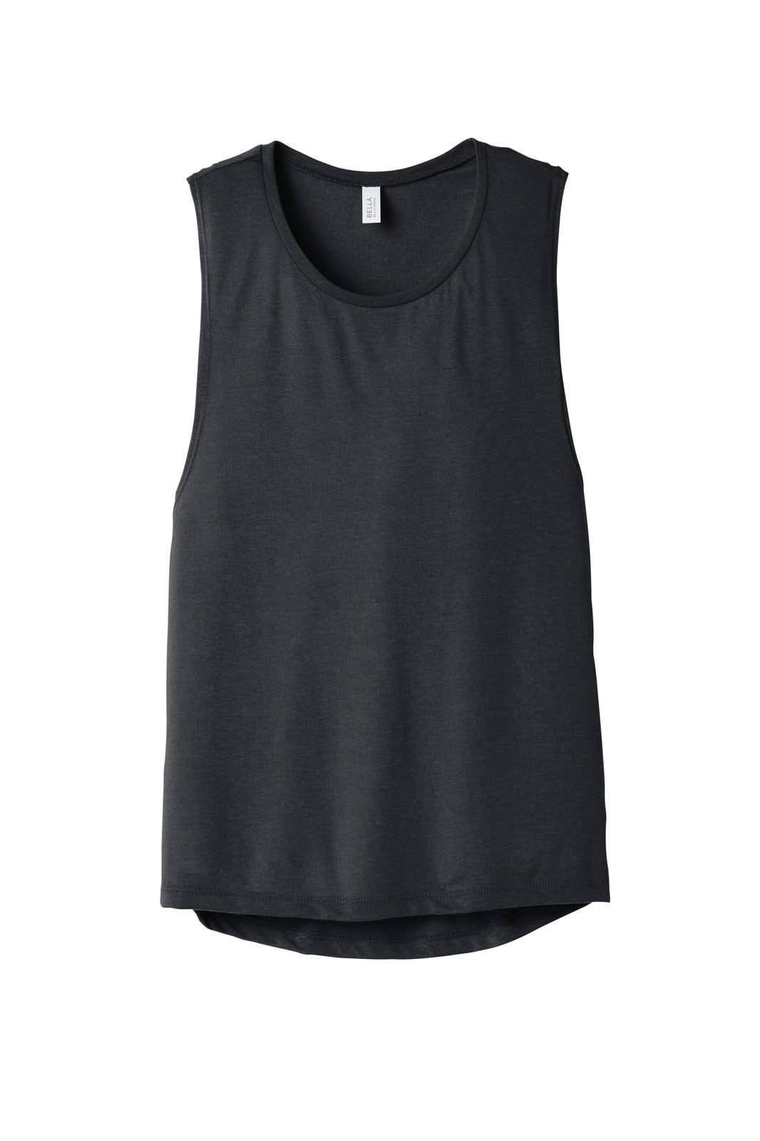 A women's flowy scoop muscle tank in charcoal grey, featuring a relaxed fit and a logo on the label.