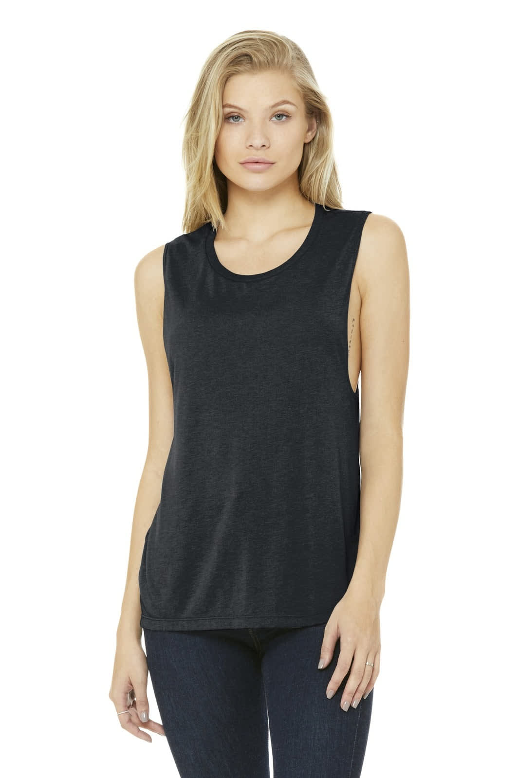 A black women's flowy scoop muscle tank with a relaxed fit, featuring a logo on the side.