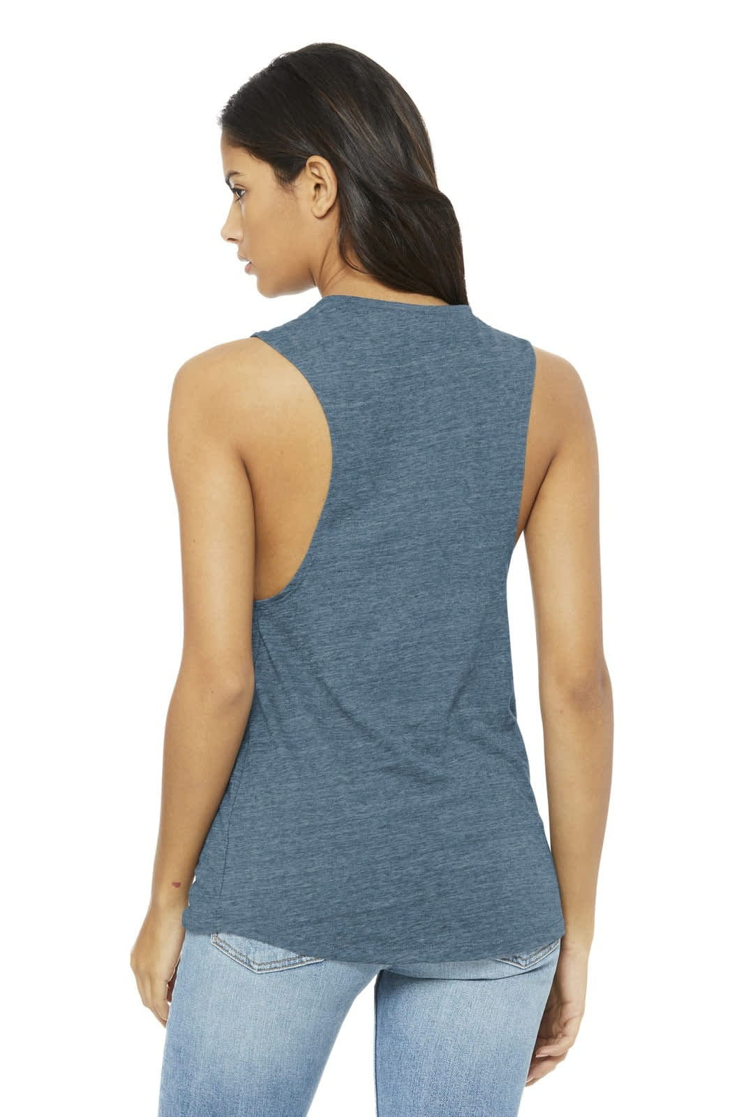 A blue women's flowy scoop muscle tank top with a relaxed fit and open-back design, featuring a logo.