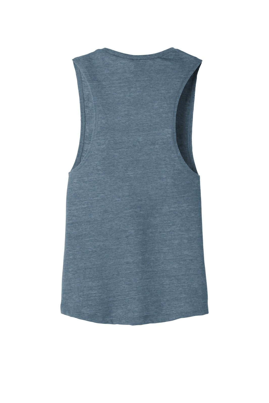 A blue women's flowy scoop muscle tank with a relaxed fit and wide armholes, featuring a logo.