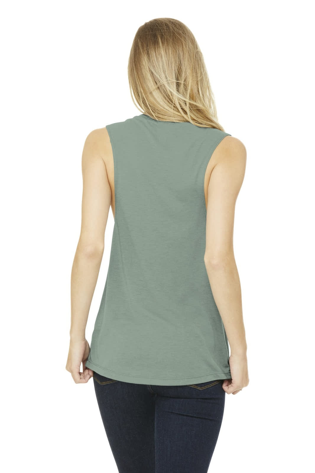 A back view of a women's flowy scoop muscle tank in a muted green colour, with a fitted design and no sleeves.