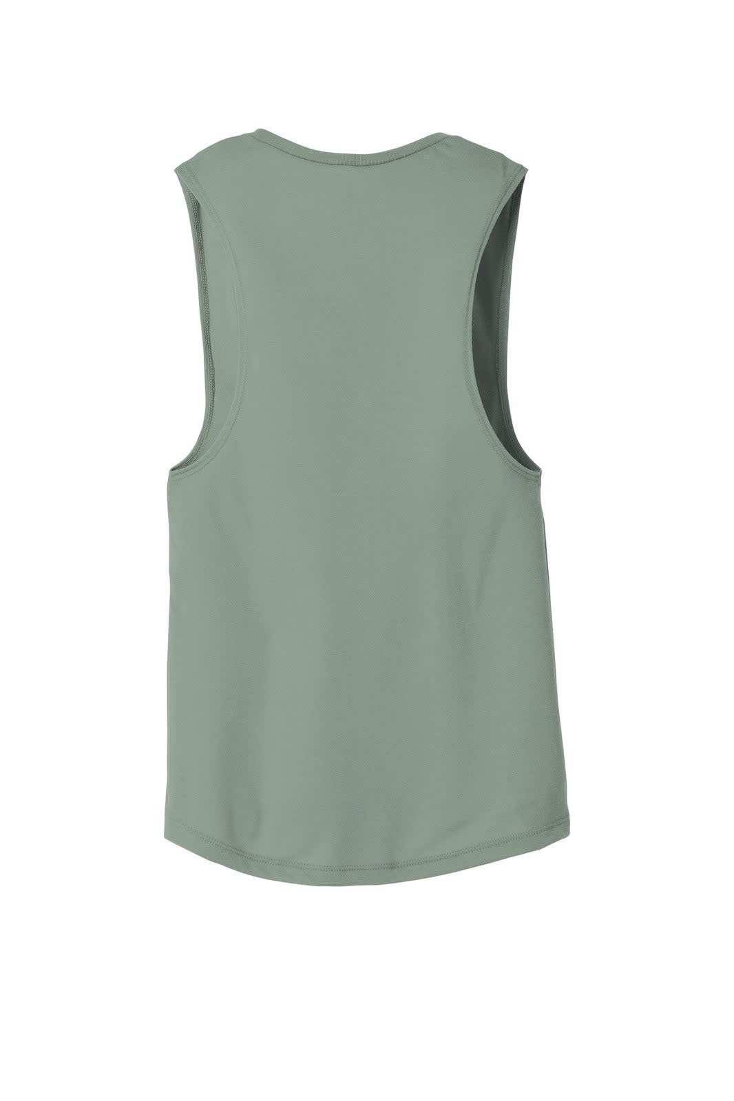 A flowy women's muscle tank in sage green with a scoop neck and a branded logo.