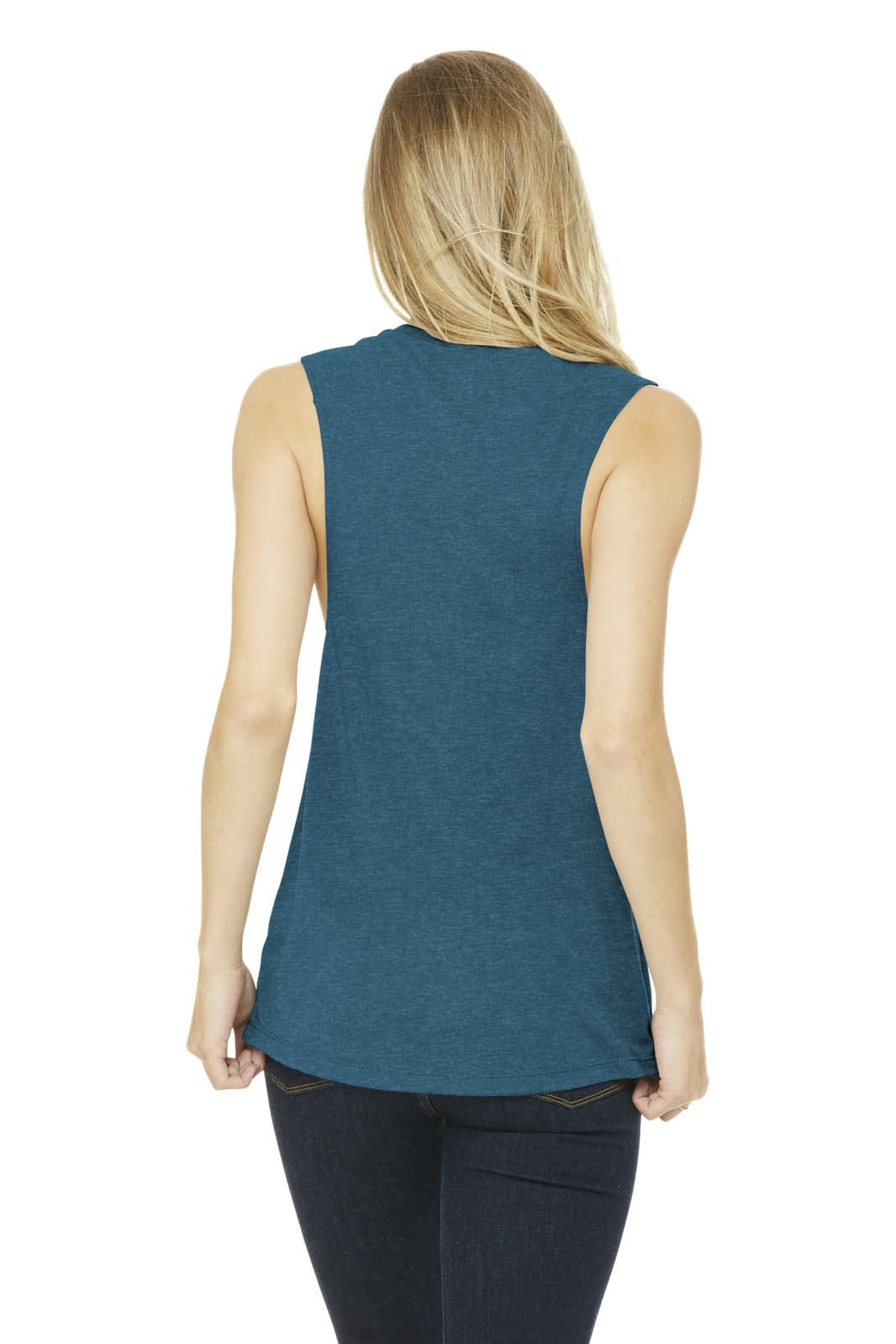 A women's flowy scoop muscle tank in teal, featuring a sleeveless design and a logo on the back.