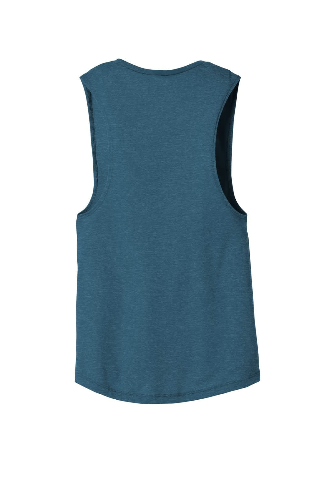 A women's flowy scoop muscle tank in a teal colour, featuring a back view with sleeveless design.
