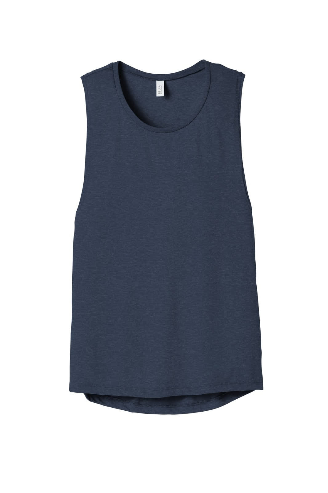 A navy women's flowy scoop muscle tank, featuring a rounded neckline and a logo on the label.