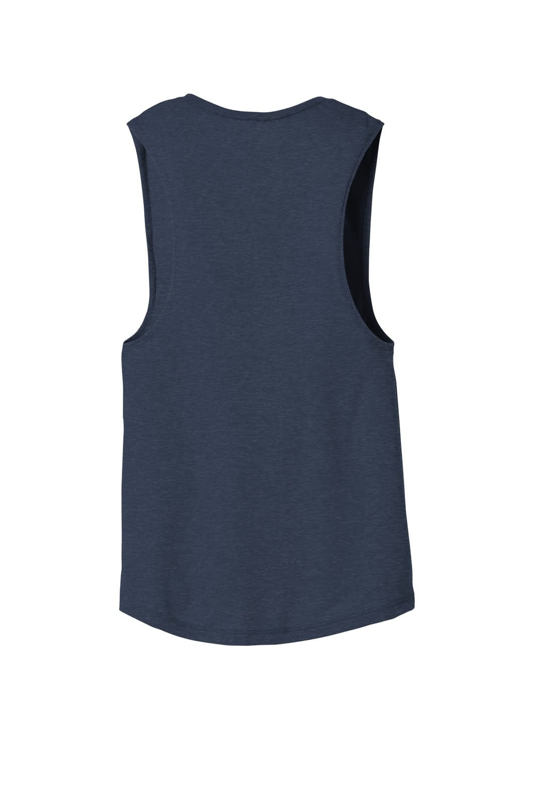 A navy blue women's flowy scoop muscle tank with a relaxed fit and sleeveless design, featuring a logo.