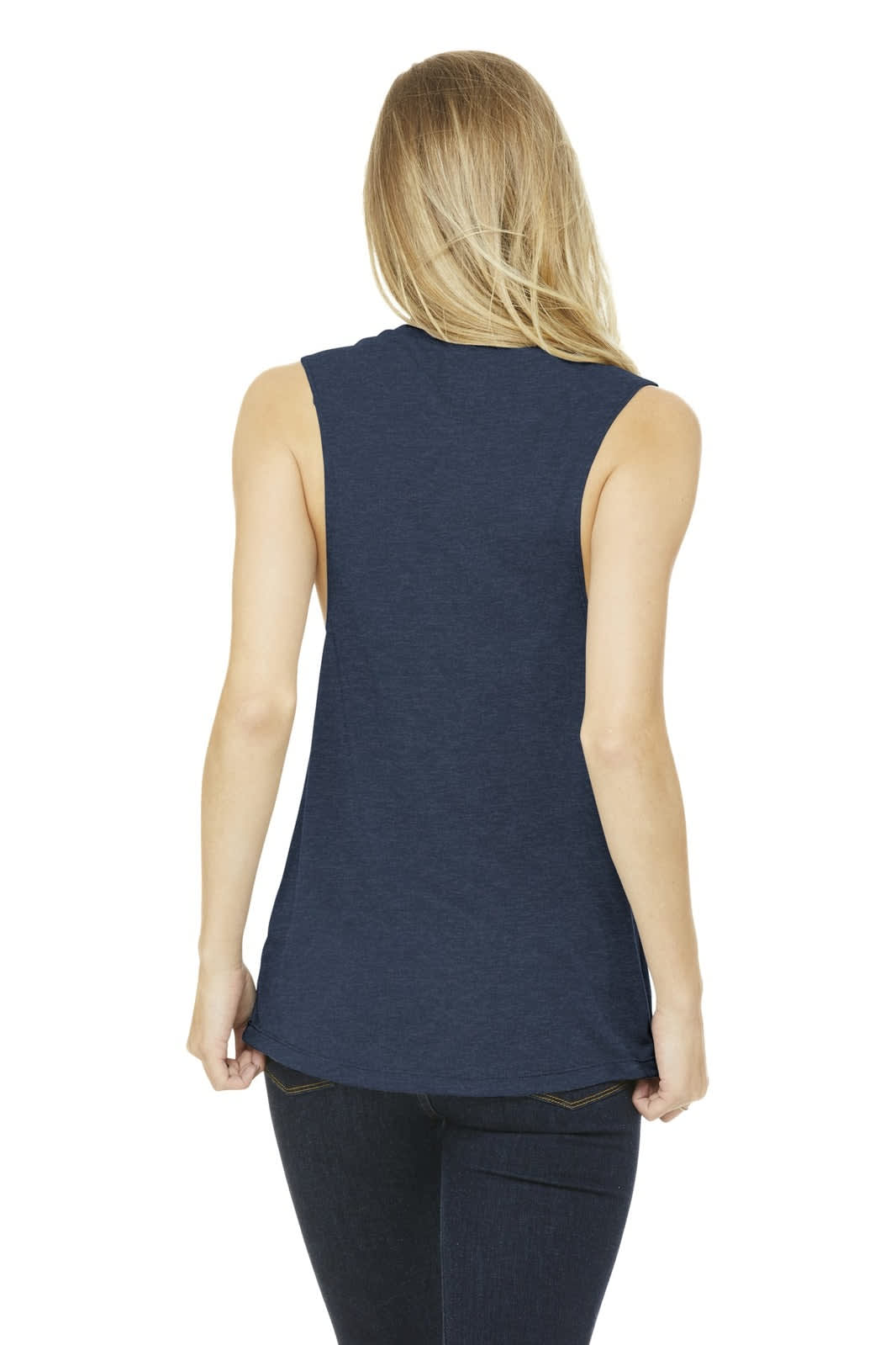 A women's flowy scoop muscle tank in navy, featuring a sleeveless design and a logo on the back.
