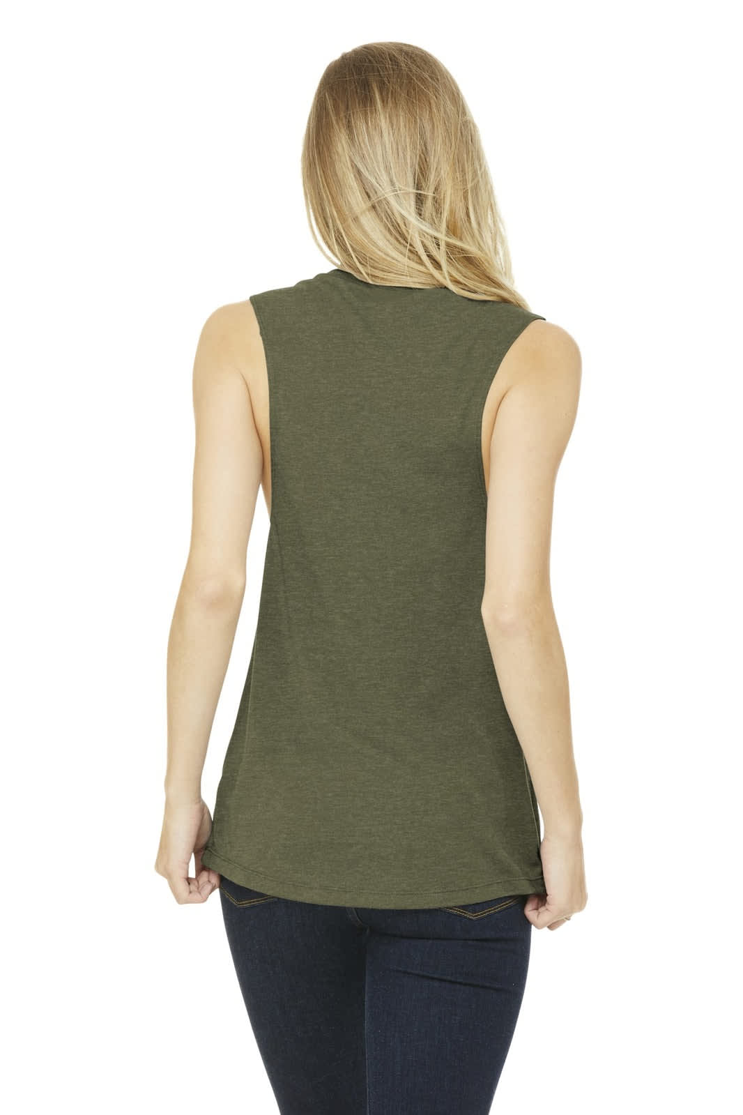 A woman models a women's flowy scoop muscle tank in olive green, featuring a simple design and a brand logo.