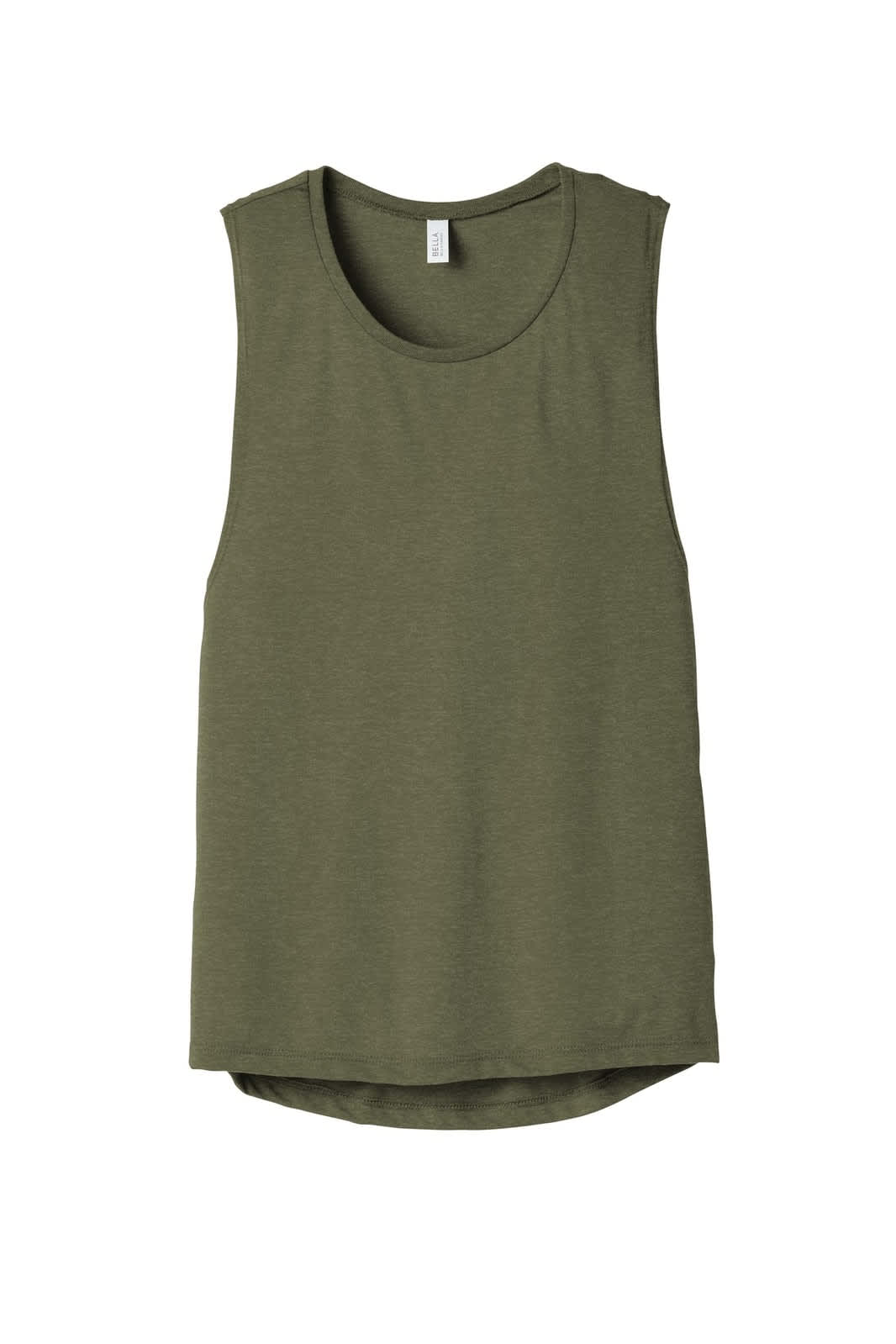 A green women's flowy scoop muscle tank top with a logo, featuring a relaxed fit and sleeveless design.