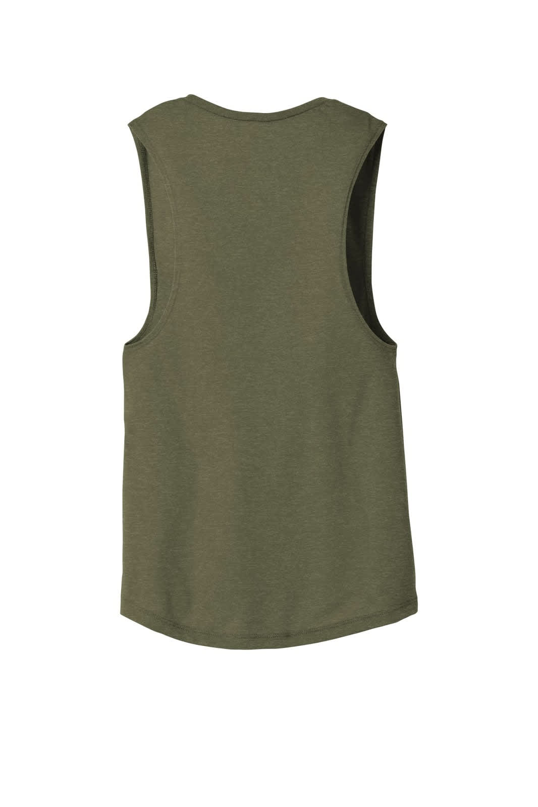 A women's flowy scoop muscle tank in olive green, featuring a sleeveless design and a branded logo.