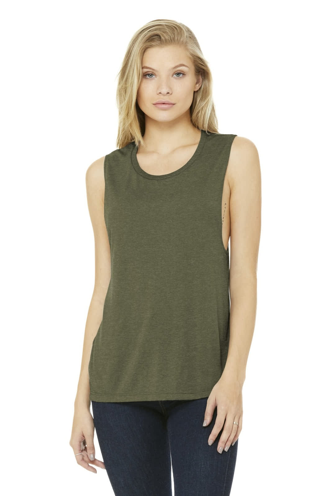 A women's flowy scoop muscle tank in olive green, featuring a relaxed fit and sleeveless design.
