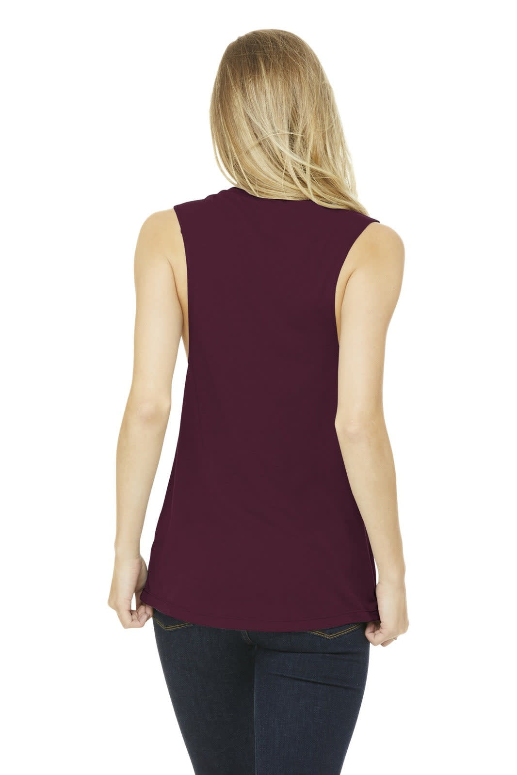 A women's flowy scoop muscle tank in deep burgundy, featuring a back view with no sleeves.