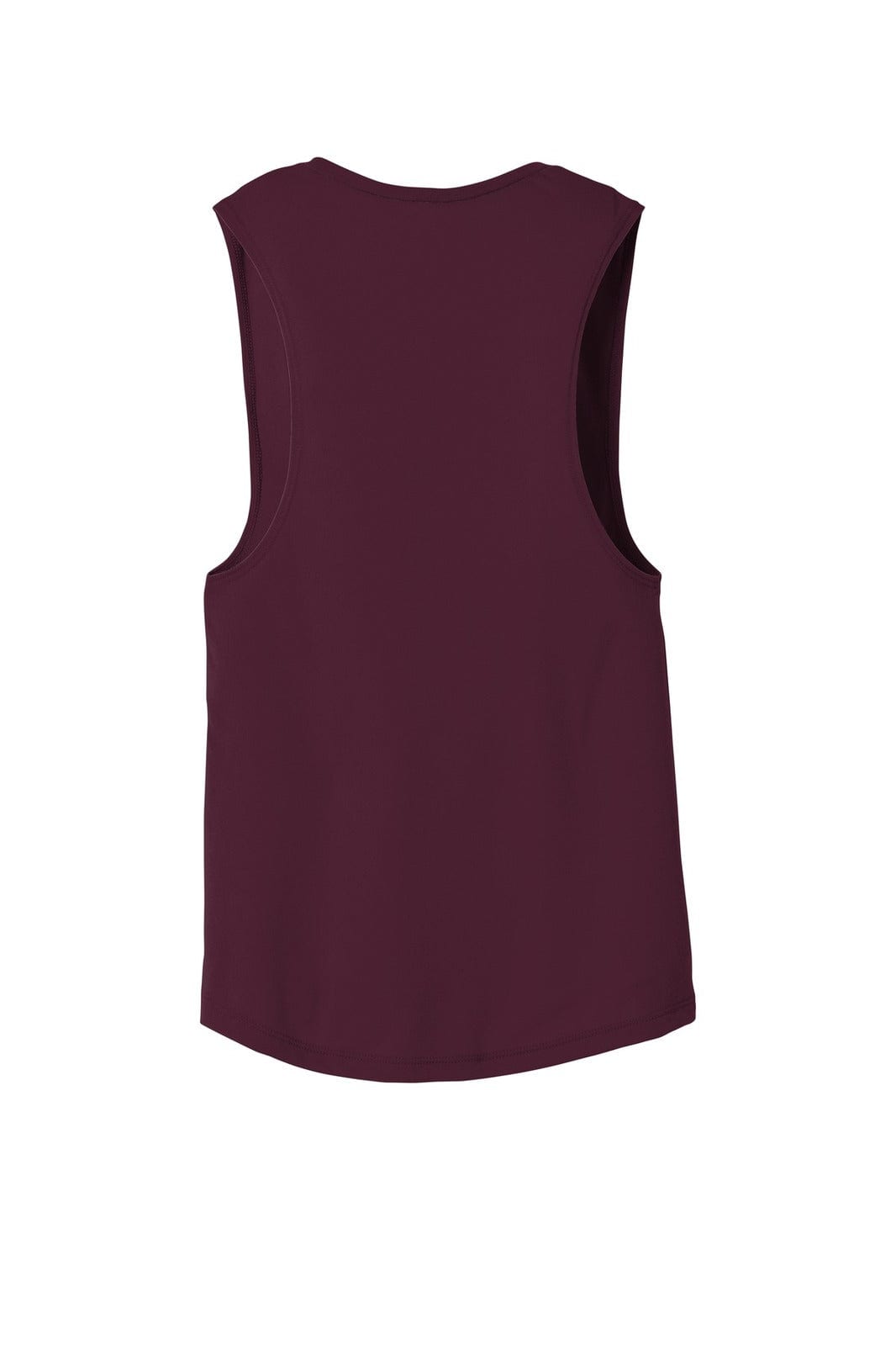 A back view of a women's flowy scoop muscle tank in burgundy, featuring a sleeveless design and a logo.