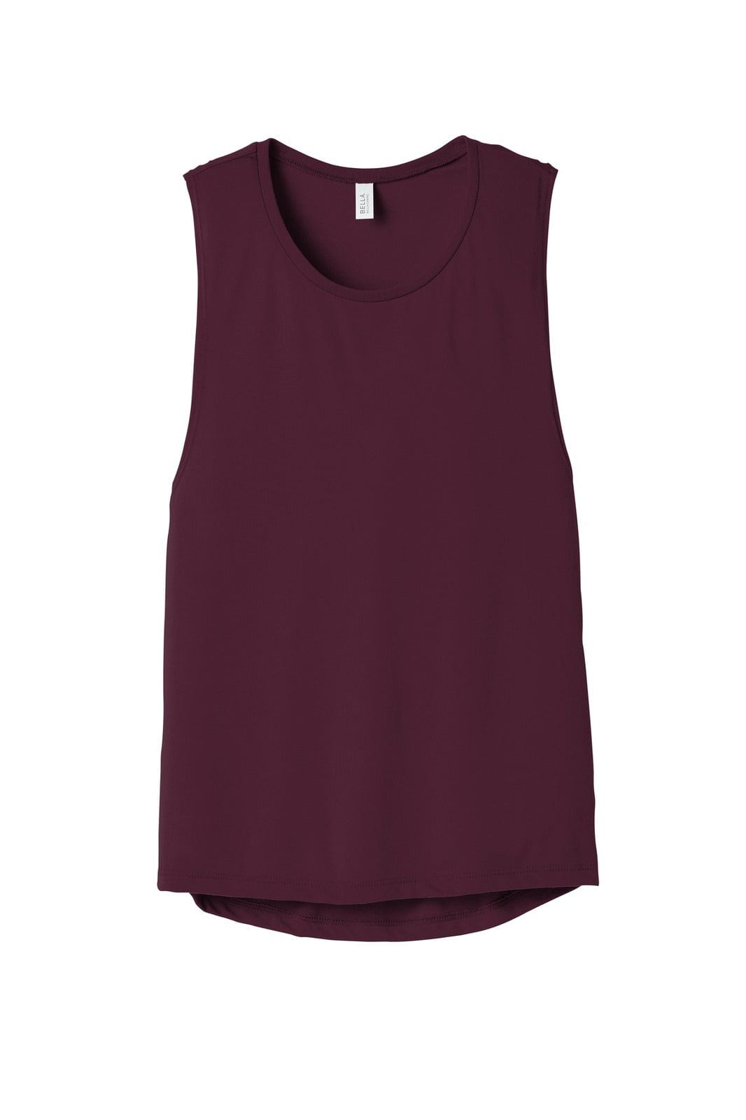 A maroon women's flowy scoop muscle tank with a round neckline and a logo on the label.
