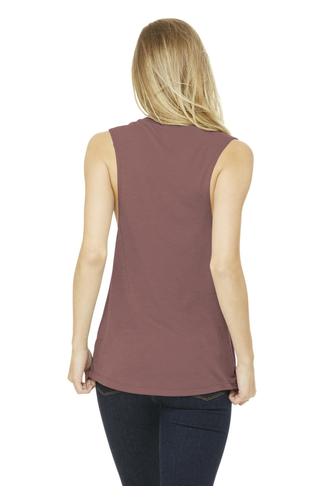 A back view of a women's flowy scoop muscle tank in a plum colour, featuring a logo.