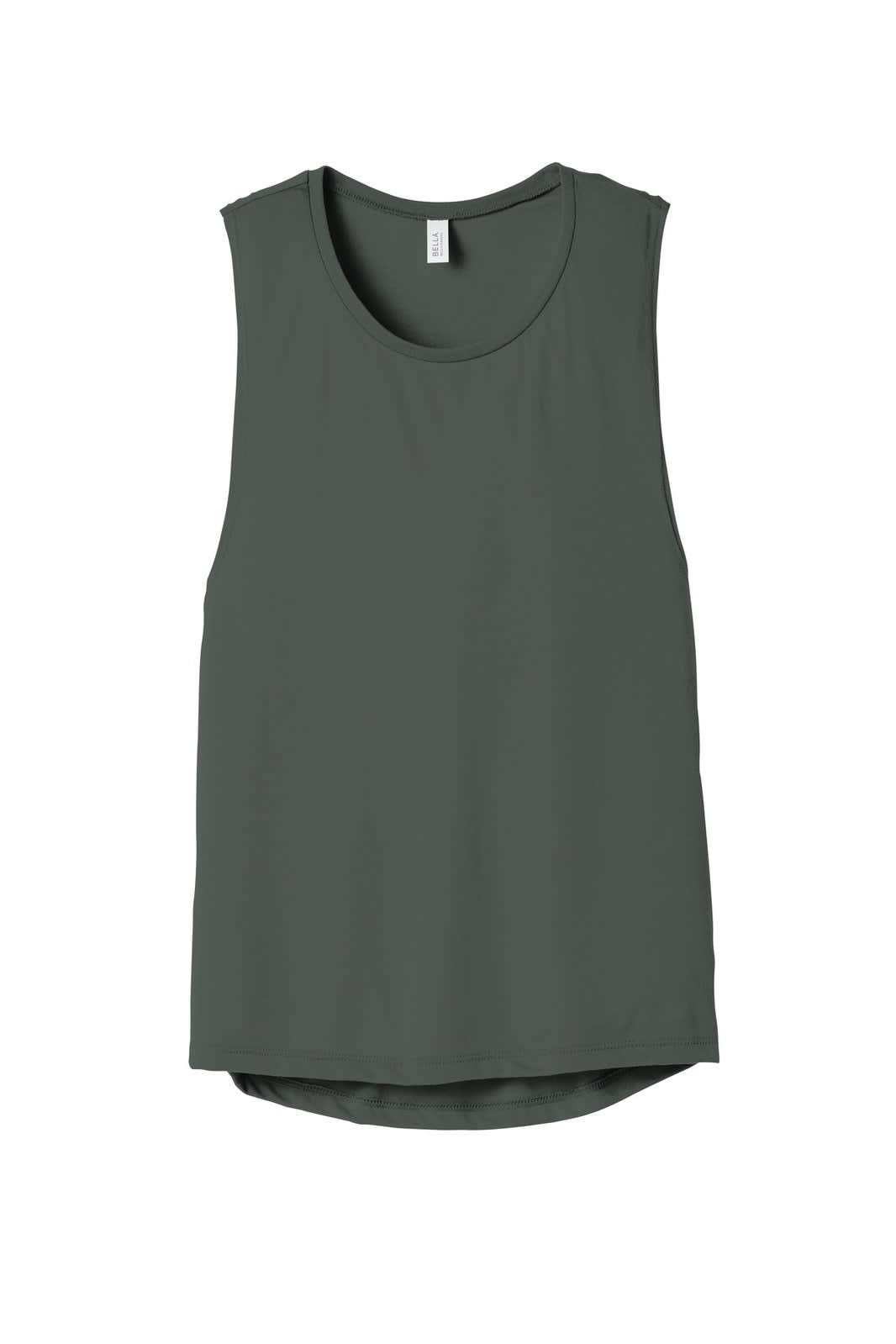 A women's flowy scoop muscle tank in dark green, featuring a scoop neckline and sleeveless design. It has a logo on the label.