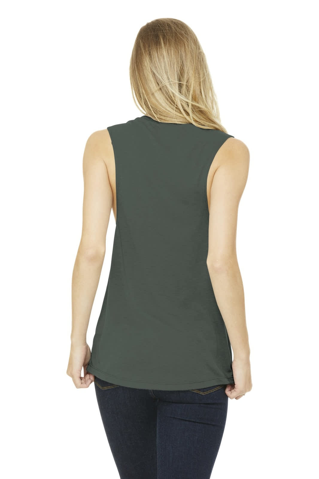 A women's flowy scoop muscle tank in dark green, featuring a sleek design and no sleeves.