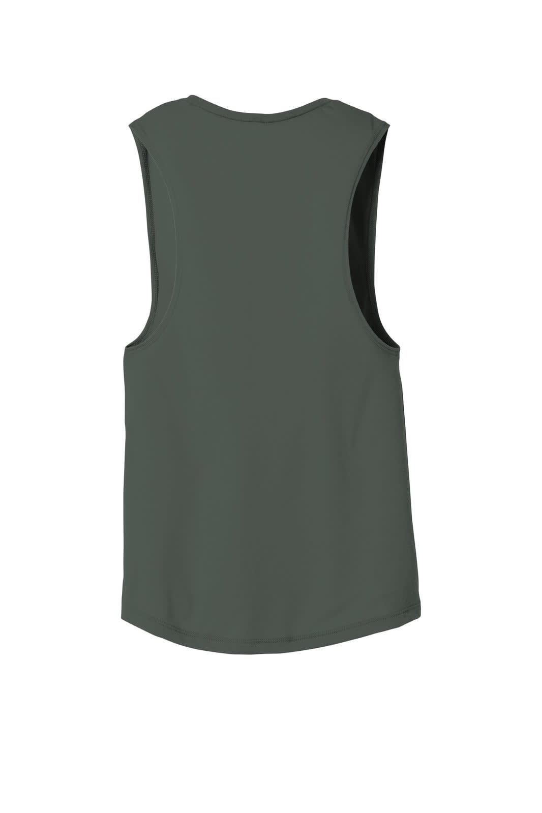 A dark green women's flowy scoop muscle tank with a loose fit and sleeveless design, featuring a branding logo.