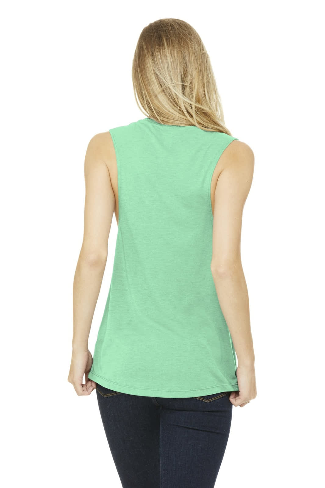 A mint green women's flowy scoop muscle tank top, showcasing a simple, sleeveless design from the back.