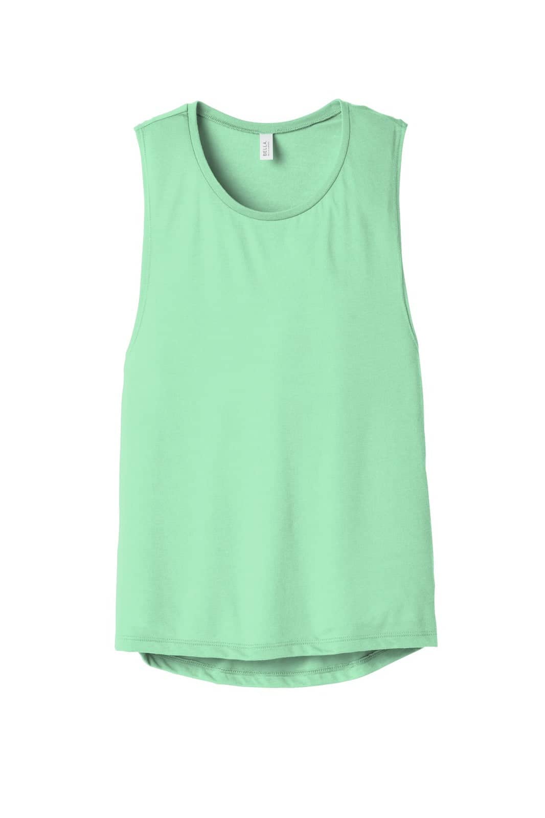 A mint green women's flowy scoop muscle tank featuring a round neckline and a loose fit. It has a logo on the label.