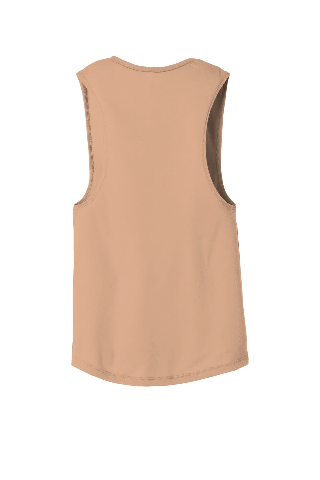 A women's flowy scoop muscle tank in a soft tan colour, featuring a sleeveless design and a logo.