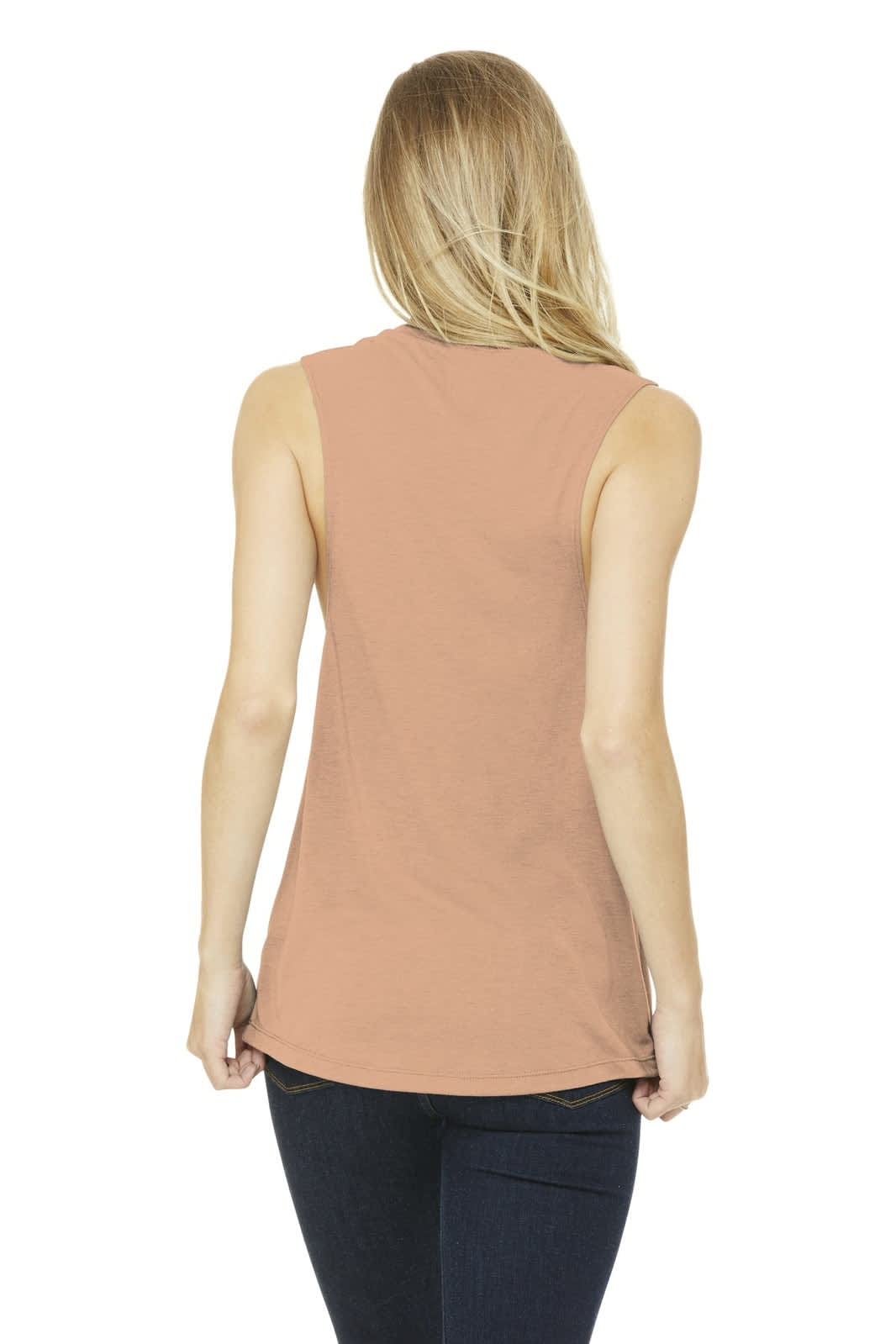 A women's flowy scoop muscle tank in a soft peach colour, featuring a sleeveless design and a smooth fabric texture.