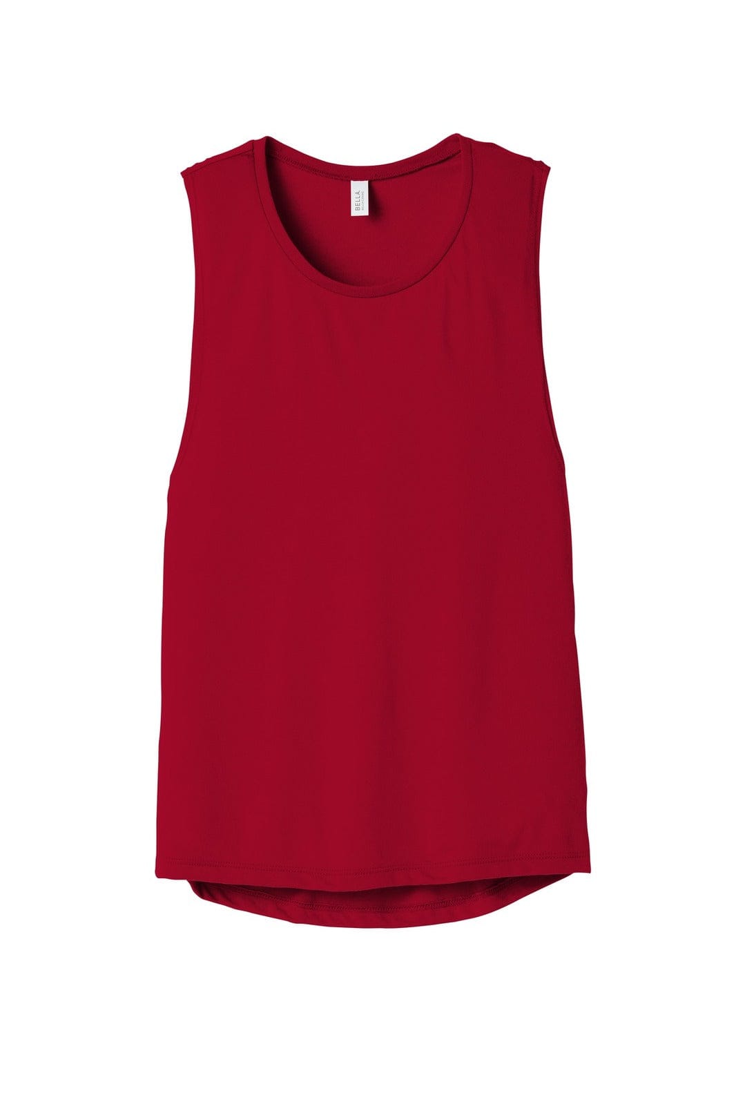 A red women's flowy scoop muscle tank top with a rounded neckline and a branding label on the inside.