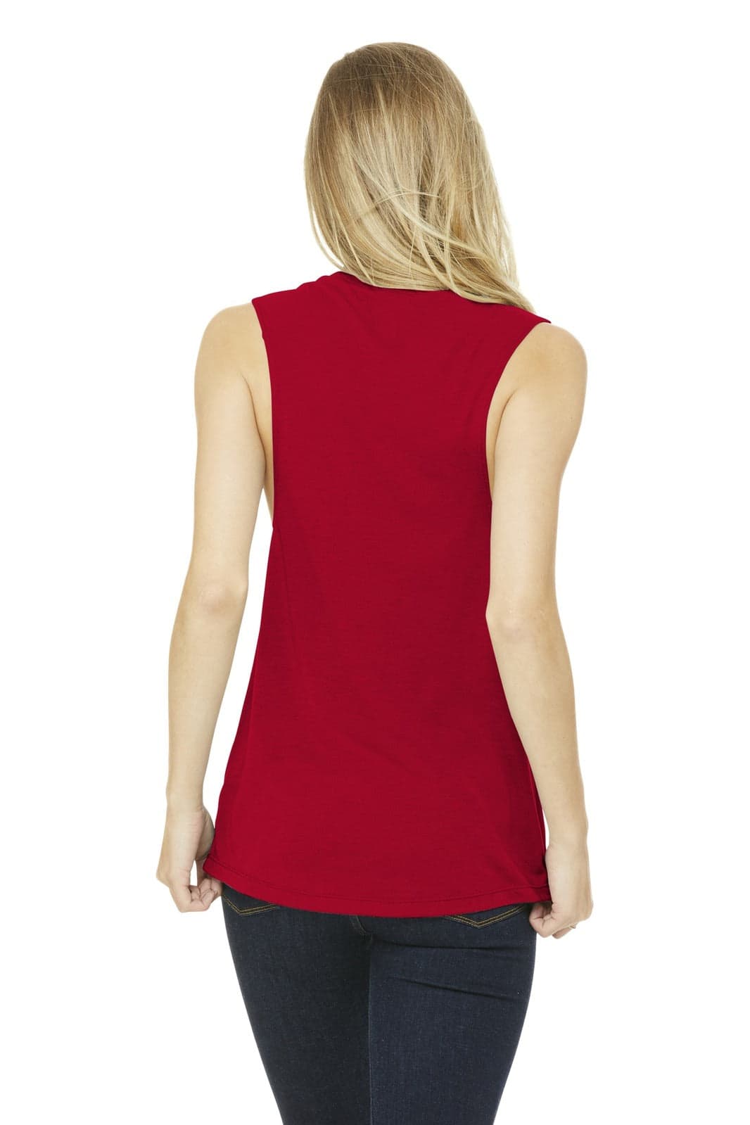 A red women's flowy scoop muscle tank top, featuring a back view, with a simple design and branding logo.